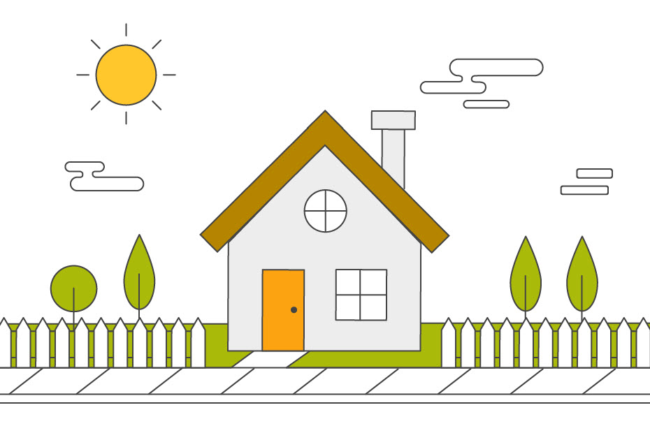 Illustration d'une maison avec une clôture blanche.