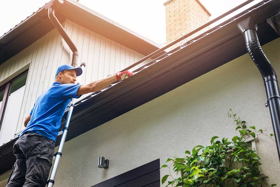 Homme nettoyant une gouttière sur une maison.